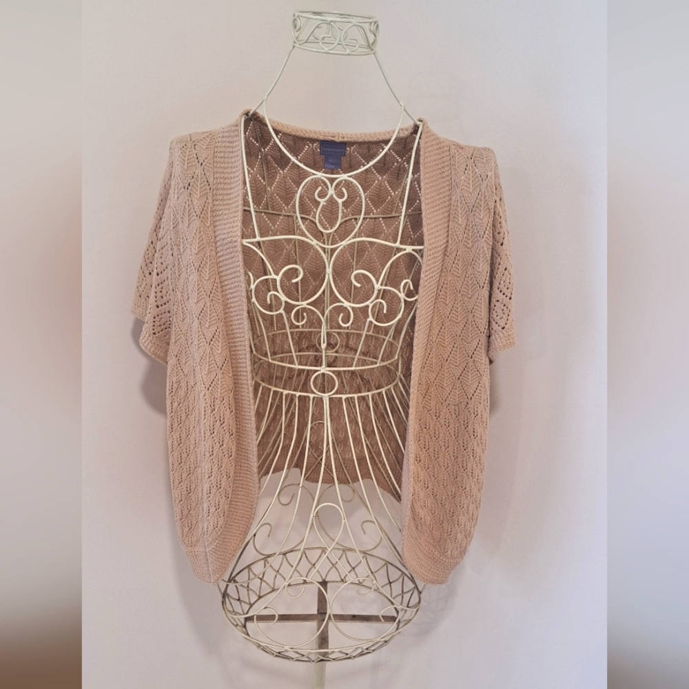 Laura Scott Open Front Shrug Boho Cottagecore Size Medium Tan Cardigan Sweater.